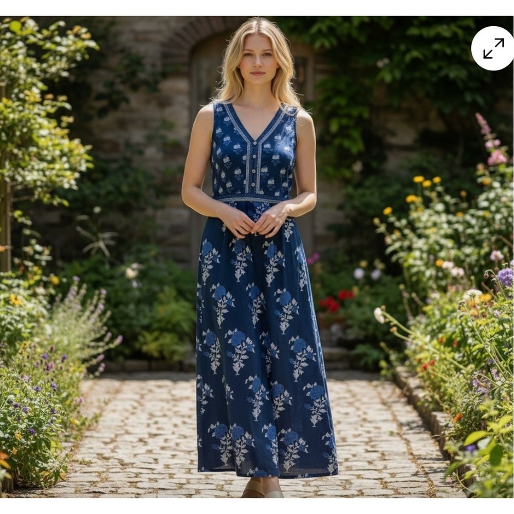 Pure Jill Sleeveless Cotton Empire Midi Dress MP Blue Summer Casual Vacation